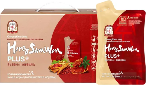 JUNG KWAN JANG US HongSamWon Plus - Té de ginseng rojo coreano, bebida energética de hierbas antes y después del entrenamiento con azufaifo y hongo