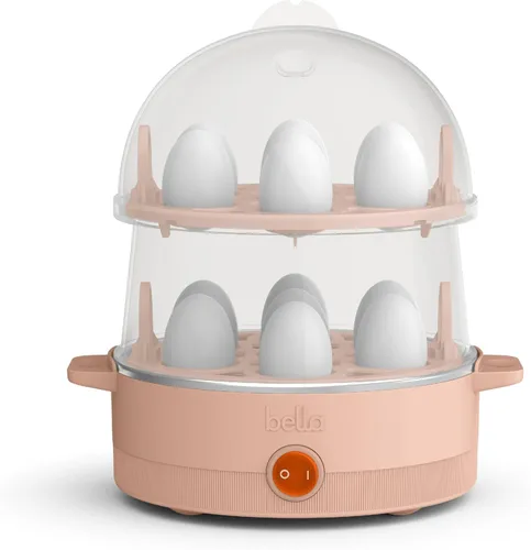 BELLA - Cocedor eléctrico para huevos de 360 V, bandeja doble para 14 huevos y apagado automático, escalfados, revueltos, duros, a medio cocer,