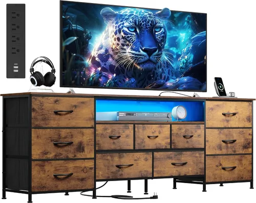 Miniatura 10 de WLIVE Soporte de TV de 75.5 pulgadas para TV de 65, 75, 80, 85 pulgadas, cómoda para dormitorio con tomas de corriente y luces LED, cómoda de tela