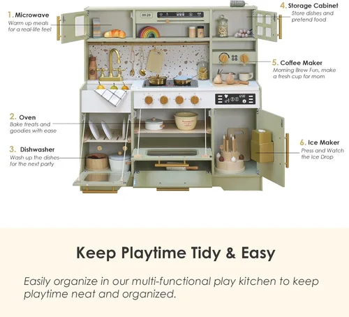 Miniatura 3 de Juego de cocina de madera para niños – Cocina de simulación realista con estufa, fregadero, cafetera, máquina de hielo y 15 accesorios divertidos