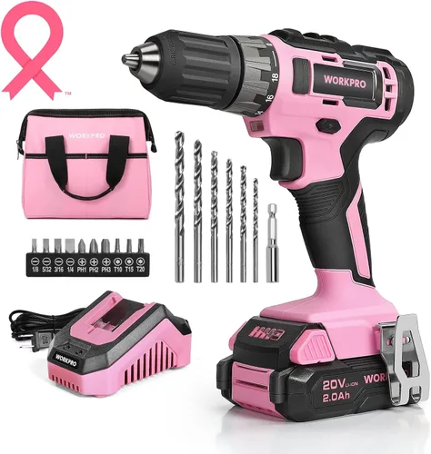 WORKPRO Juego de taladro inalámbrico rosa de 20 V, portabrocas sin llave de 3/8 pulgadas, batería de iones de litio de 2.0 Ah, cargador rápido de 1