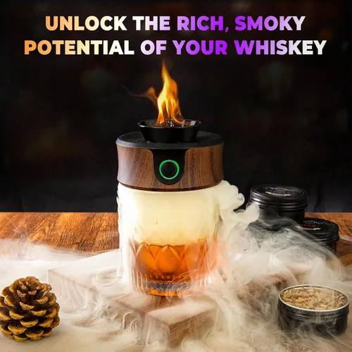 Miniatura 5 de Kit eléctrico para ahumar whisky, lujosa caja de madera, regalos de Navidad sinceros, con 4 chips de madera, antorcha, moldes de hielo, receta, Nogal