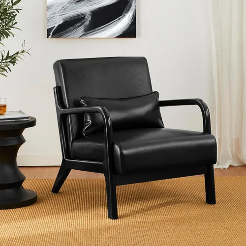Miniatura 16 de Glitzhome Sillón Accent de mediados de siglo en verde cazador, sillón de lectura individual de cuero PU con marco de nogal y ruberwood Pu verde.