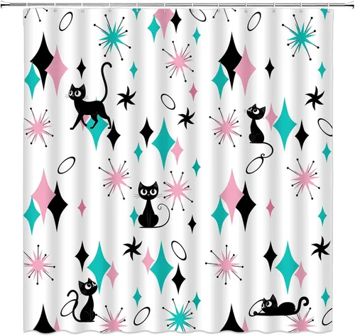 Miniatura 10 de GCTNBJL Mid Century Atomic Cat Shower Curtain Blue Pink Diamond Black Cat Stars Modern Abstract Geometric 1950s 1960s Retro 36x70(WxH) Inches