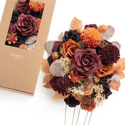 Miniatura 14 de Ling's moment Caja de flores falsas, tallos de vegetación artificiales sintéticos, rosas de espuma, peonías de seda, ranúnculo, flor fábica