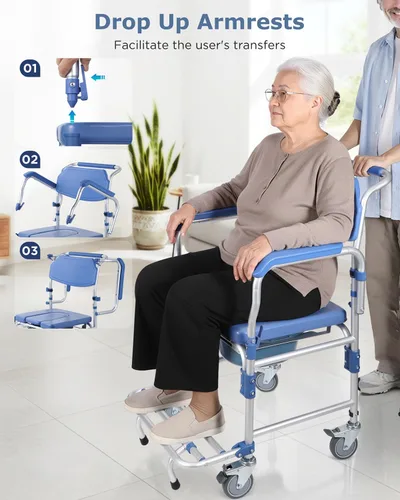 Miniatura 6 de Silla de ruedas con brazos caídos y ruedas bloqueables, silla de ducha de aluminio impermeable, capacidad de 330 libras, inodoros portátiles
