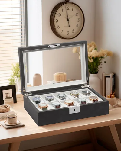 Miniatura 6 de GUKA Caja de 10 ranuras para reloj, vitrina organizadora de cristal real, con estuche de lujo para hombres y mujeres, regalo