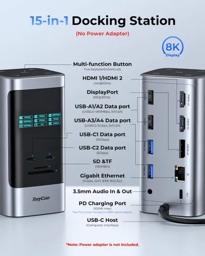 Miniatura 2 de RayCue Estación de acoplamiento USB C, pantalla triple 15 en 1 con 5 botones de acceso directo, pantalla inteligente, DP y HDMI, 10G USB A/C