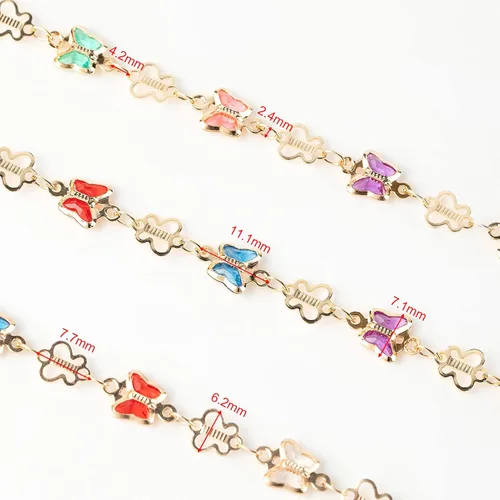 Miniatura 3 de Cadena chapada en oro de 16.4 pies para hacer joyas, cadena de eslabones de mariposa de diamantes de imitación coloridos a granel con anillos