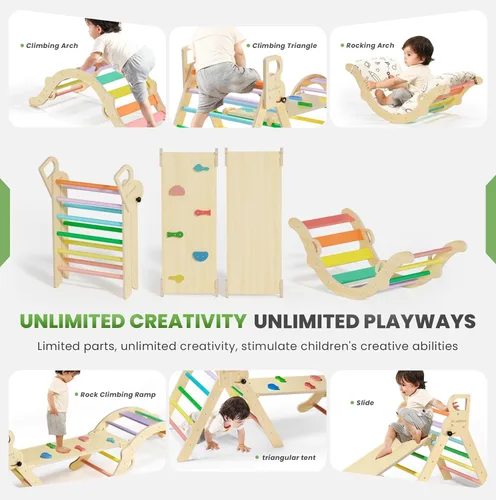 Miniatura 3 de BlueWood Set de Triángulo Pikler con Cojín, Juguetes de Escalada 8-en-1 para Niños Pequeños, Gimnasio de Juegos con Filosofía Montessori con Arco