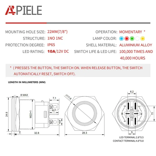 Miniatura 2 de APIELE Interruptor de botón momentáneo de 10 A, 22 mm, LED ojo de ángel, impermeable, redondo, autorresetable, 7/8'', 1NO 1NC