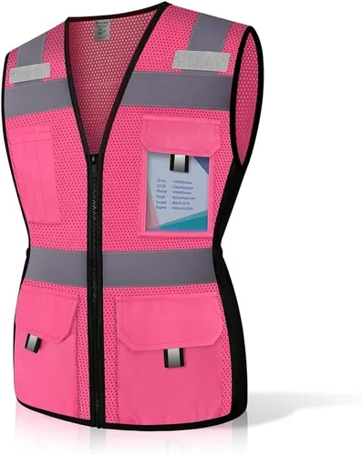 Miniatura 10 de Chaleco de seguridad para mujer con 11 bolsillos y cremallera, chaleco reflectante de alta visibilidad ajustado, chaleco de seguridad de neón