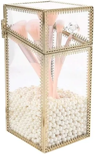 Soporte para brochas de maquillaje de vidrio geométrico con cubierta y cadena, joyero, organizador de cosméticos para escritorio, almacenamiento de