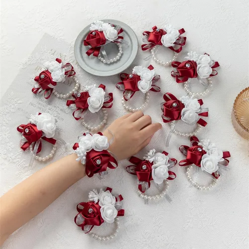 Miniatura 9 de 12 unids/lote mujeres novia novia dama de honor muñeca ramillete seda rosa perlas niñas boda mano flores decoración fiesta (verde)