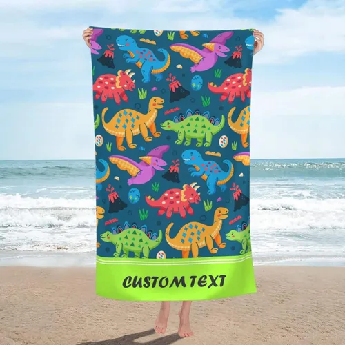 Toalla de playa personalizada, toallas de playa personalizadas de animales de dinosaurio coloridos con nombre y foto, imagen de texto, toallas de