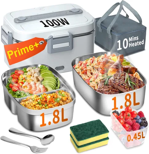 Miniatura 13 de Lonchera eléctrica térmica para adultos con 2 envases de 1.8L, interruptor de encendido/apagado de alimentación y 0.6L de doble capa, calentador