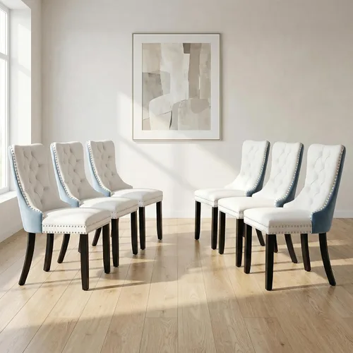 Miniatura 36 de OVENTA Juego de 4 sillas de comedor modernas tapizadas copetudas, terciopelo negro y gris y cuero con patas de madera maciza, sillas de cocina