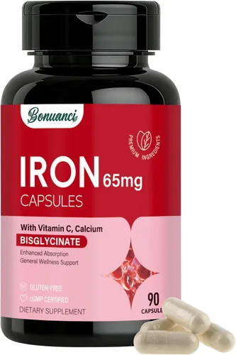 Miniatura 8 de Suplemento de hierro – Hierro de 65 mg de bisglicinato de hierro de alta absorción con vitamina C, calcio, pastillas de hierro suaves para mujeres