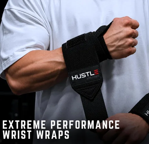 Miniatura 6 de Hustle Athletics Muñequeras para levantamiento de pesas, correas de soporte de muñeca de 18 pulgadas aprobadas por la USPA para prensa de banco
