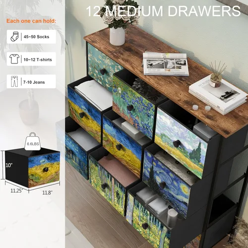 Miniatura 5 de EXOTICA Cómoda para dormitorio con 12 cajones, cómoda alta y cómoda de cajones de tela, torre de almacenamiento para sala de estar, armario, pasillo