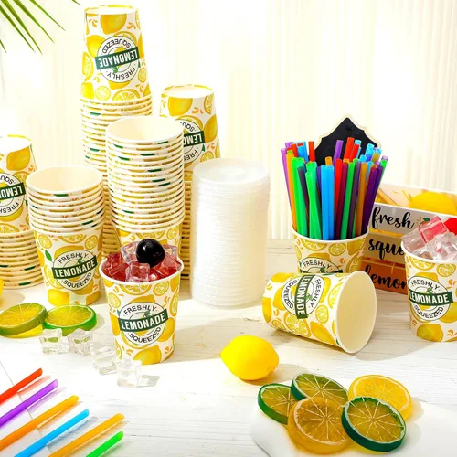 Miniatura 2 de Meanplan 300 piezas/100 juegos de vasos de limonada con tapas y pajitas, vasos desechables para fiestas, tazas de papel de limón, suministros