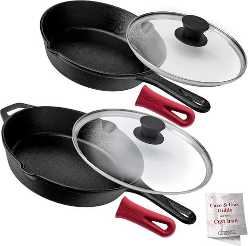 Miniatura 13 de Cuisinel Juego de sartenes de hierro fundido, sartén de 8 pulgadas + 12 pulgadas + tapas de vidrio, utensilios de cocina pre-sazonados, soportes