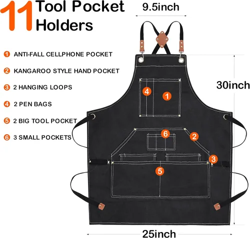 Miniatura 2 de Black Handmade Work Apron with 11 Tool Pockets, Heavy Duty Waxed Canvas Workshop Tool Aprons Woodworking Apron