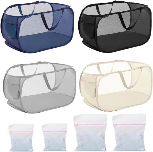 Miniatura 8 de 4 cestas plegables de malla para ropa sucia, cesta plegable con asas de transporte, cesta portátil para ropa sucia con 4 bolsas de lavado, cesta