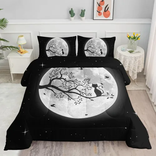 Juego de edredón negro con diseño de gato y luna para niñas y mujeres, ropa de cama con estampado de cielo nocturno con 2 fundas de almohada Cat Moon