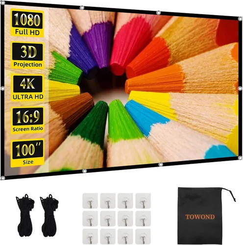 TOWOND Pantalla de proyección de 100 pulgadas para interiores y exteriores, lavable, antiarrugas, 16:9, HD, pantalla de películas delanteras