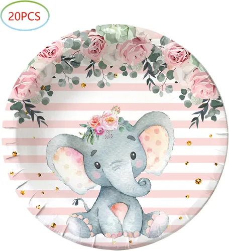 Miniatura 4 de HJFZLY Elefante Baby Shower, suministros de fiesta de cumpleaños de elefante rosa, 20 platos y 20 servilletas, decoración de fiesta de cumpleaños