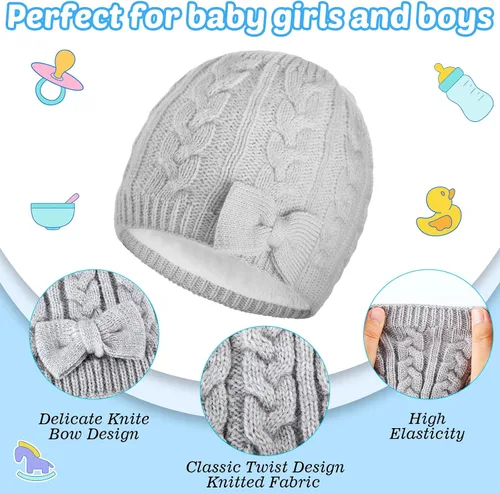 Miniatura 4 de 3 Pieces Fleece Lined Baby Beanie with Bow, Infant Newborn Toddler Kids Winter Warm Knit Cap for Boys Girls