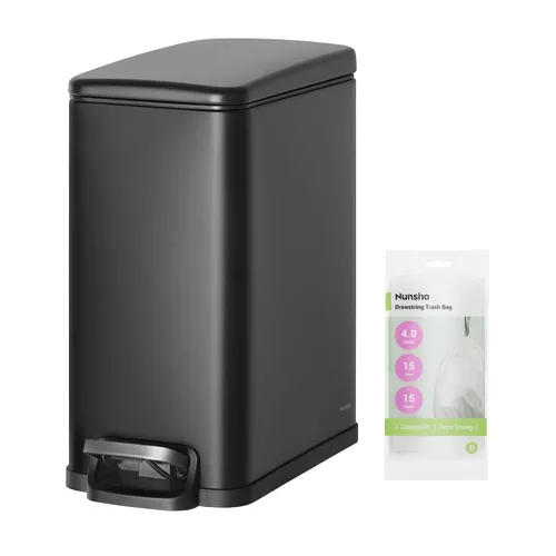 Miniatura 8 de Nunsino Cubo de basura pequeño para baño con 15 bolsas de basura, cubo de basura de acero inoxidable de 2.6 galones con tapa de cierre suave, Blanco