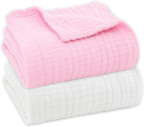 Miniatura 8 de Aablexema Juego de 2 mantas de muselina para bebé, 6 capas de 43 x 43 pulgadas, toallas de baño para recién nacidos, para niños y niñas (blanco)