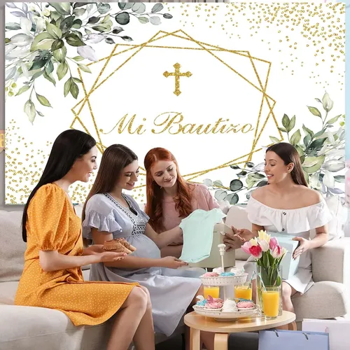 Miniatura 3 de Mi Bautizo - Telón de fondo para primera comunión para bautismo, recién nacido, baby shower, fondo dorado con purpurina, vegetación, eucalipto