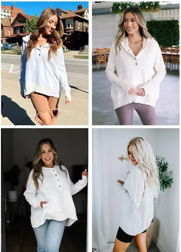 Miniatura 4 de SHEWIN Sudadera de gran tamaño para mujer, casual, con botones, cuello en V, con bolsillo