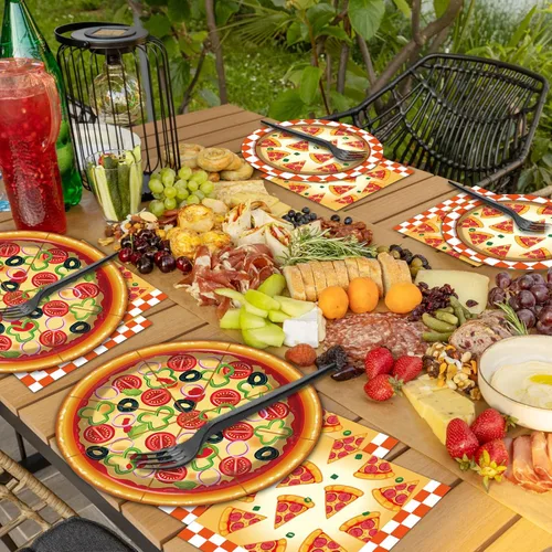 Miniatura 6 de Platos de pizza y servilletas para 50 invitados, suministros para fiestas, decoraciones de fiesta de cumpleaños, juego de vajilla desechable