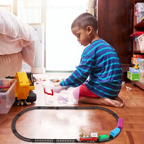 Miniatura 3 de Juego de tren eléctrico navideño para pista de ferrocarril de plástico y maleta portátil, superficie lisa segura para niños y colores brillantes que
