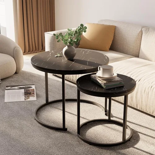Miniatura 6 de aboxoo Mesa de Centro Redonda Anidable Juego Lateral de 2 Mesas Auxiliares para Sala de Estar Dormitorio Balcón, Mesa de Madera de Mármol Sintético