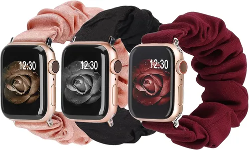 Miniatura 25 de TOYOUTHS - 3 paquetes compatibles con Apple Watch Band Scrunchies 1.496 in (38 mm) tela suave patrón impreso pulsera de tela para mujer iWatch