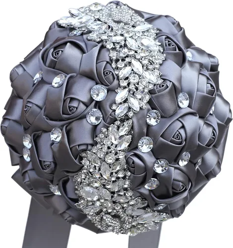 Miniatura 11 de XINNI Ramo de boda verde esmeralda para novia, dama de honor, satén rosa, ramo de boda con diamantes de imitación en forma de lluvia de meteoritos