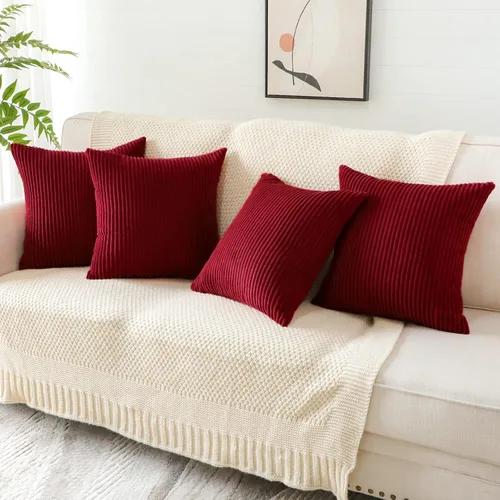 Miniatura 3 de OTOSTAR Juego de 4 fundas de almohada decorativas de pana suave a rayas color burdeos de 18 x 18 pulgadas, fundas de almohada cuadradas para sofá