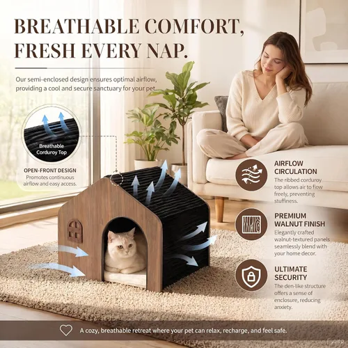 Miniatura 3 de Moderna casa de madera para gatos para interiores, cama tipo cueva cerrada de grado E0 con cojín lavable, muebles ecológicos no tóxicos