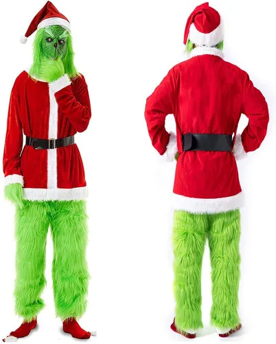 WPOZD Christmas Deluxe Green Monster Costume - 7PCS Adult Suit Deluxe Adult with Green Monster Mask and Red Christmas Hat