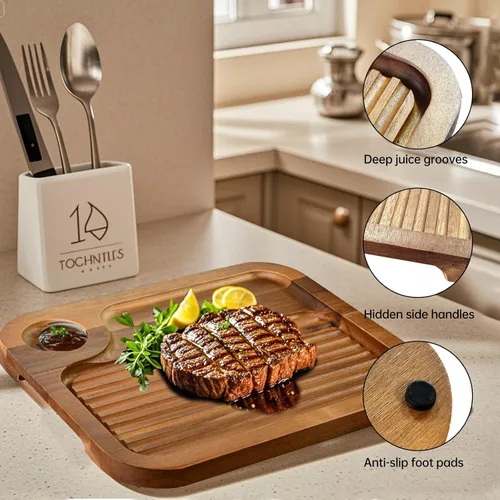 Miniatura 3 de Platos de bistec de madera de acacia, tabla de cortar carnívora para comer, plato de carne tallado de madera, bandeja para servir alimentos, tabla