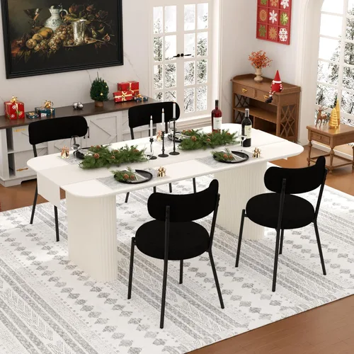Miniatura 21 de Juego de mesa de comedor ovalada negra moderna de 70.9 pulgadas para 4, mesa de cocina rectangular estilo crema con sillas negras Boucle, juego