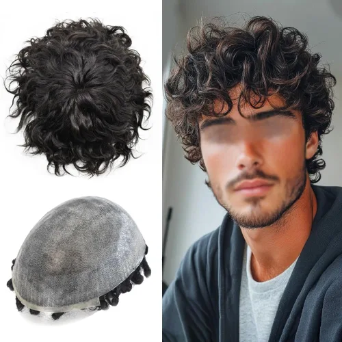 Miniatura 5 de Afro Toupee Para Hombres Negros Unidad De Cabello Humano Para Hombres Negros Pieza De Pelo PU Ingección Afro Mens Toupee 10MM #1B Off Negro