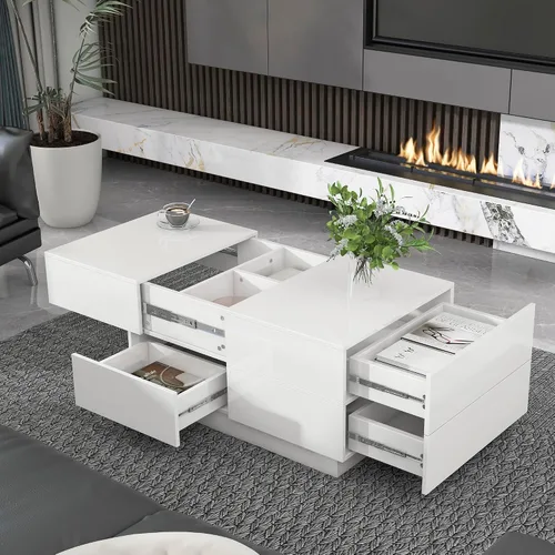 Miniatura 15 de Mesa de centro moderna con vidrio templado, mesa de cóctel de madera con superficie UV de alto brillo, mesa central rectangular modernista de 2 Negro