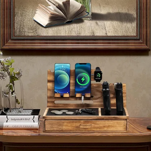 Miniatura 6 de DGWJSU Estación de acoplamiento para teléfono como regalo para hombres, estante de pistola de madera como organizador de mesita de noche para caja