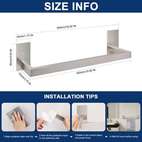 Miniatura 2 de NearMoon - Toallero de barra autoadhesivo para baño de acero inoxidable, estante de pared cuadrado para colgar toallas, estilo contemporáneo, Níquel